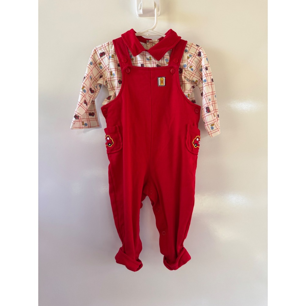 Vintage Honors Baby Red Corduroy Overalls and Fire Truck Shirt Set 12 Months